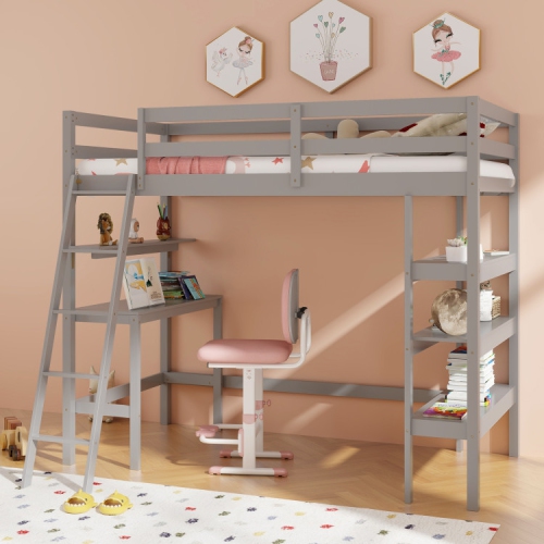Loft Bed with Desk and Bookshelves for Kids and Teens’ Bedroom