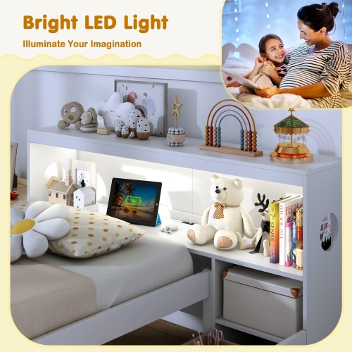 Bed Frame with LED Lighting and Bookcase Headboard for Bedroom