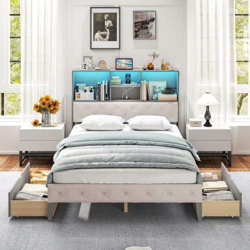 Wooden Bed Frame with LED Bookcase Headboard for Living Room or Bedroom