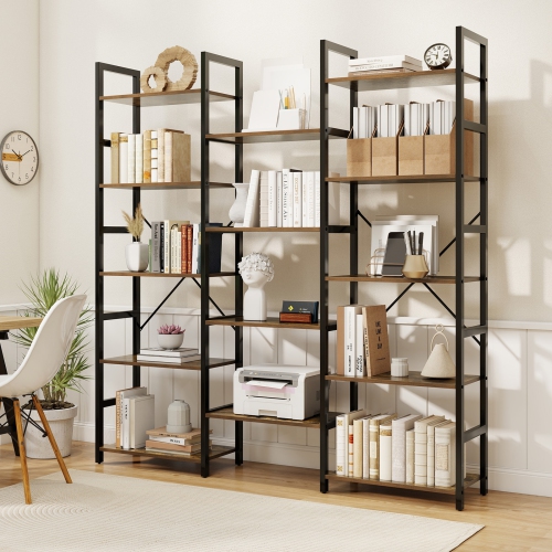 Large 5-Tier Industrial Bookshelf – Triple Wide Bookcase with Strong Metal Frame