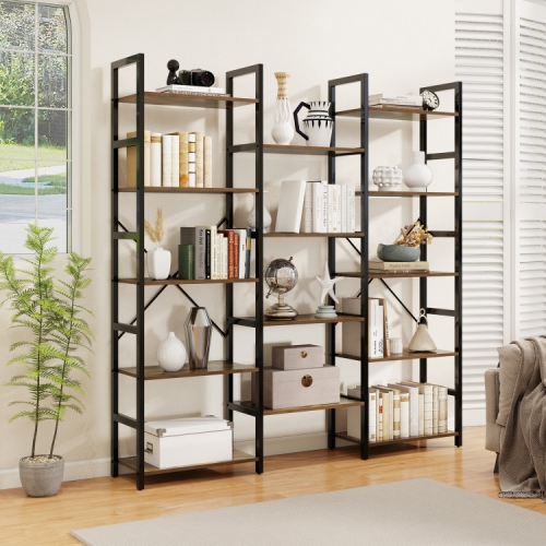 Large 5-Tier Industrial Bookshelf – Triple Wide Bookcase with Strong Metal Frame