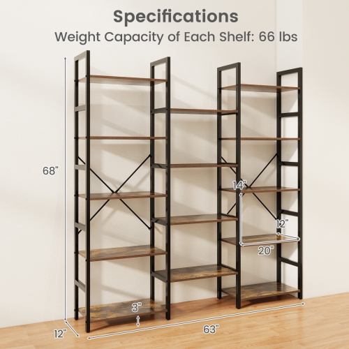 Large 5-Tier Industrial Bookshelf – Triple Wide Bookcase with Strong Metal Frame