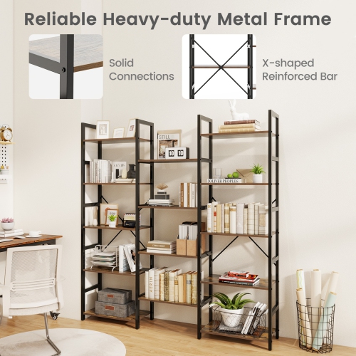 Large 5-Tier Industrial Bookshelf – Triple Wide Bookcase with Strong Metal Frame