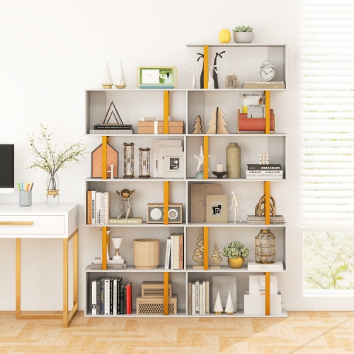Modern 5-Tier Bookcase – Geometric Bookshelf with Metal Frame and Safety Features
