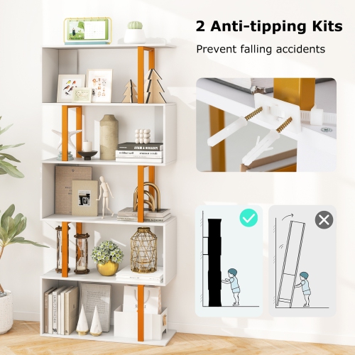 Modern 5-Tier Bookcase – Geometric Bookshelf with Metal Frame and Safety Features