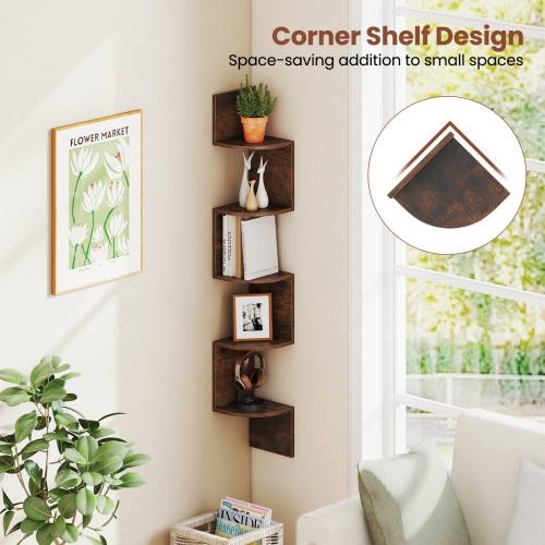 5-Tier Corner Bookshelf – Wall Mounted Floating Storage Organizer