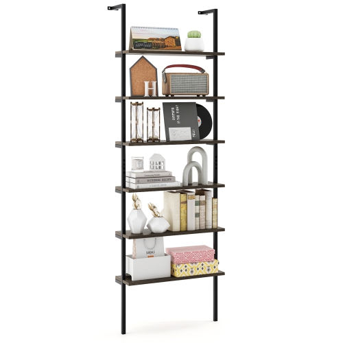 Industrial 6-Tier Ladder Shelf – Tall 72 Inch Wall Mounted Bookshelf