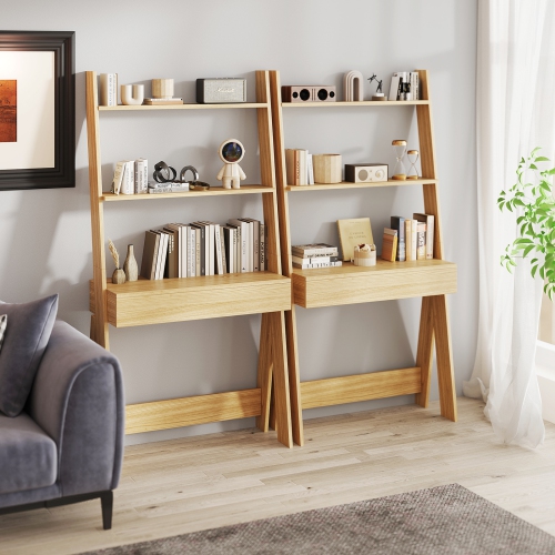 Modern Ladder Shelf Desk Bookcase with Countertop and Storage Drawer