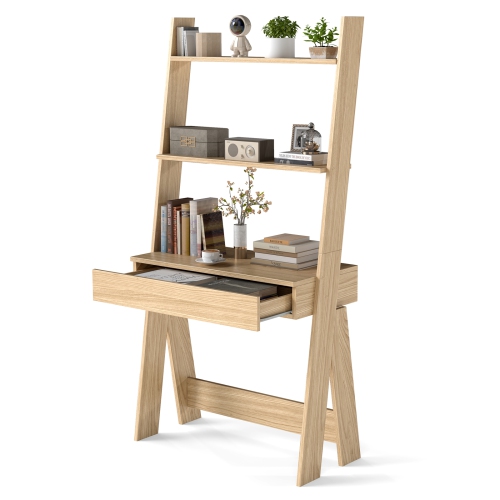 Modern Ladder Shelf Desk Bookcase with Countertop and Storage Drawer