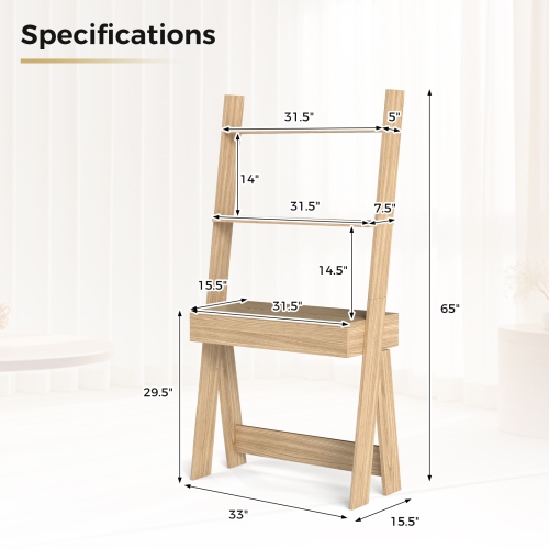 Modern Ladder Shelf Desk Bookcase with Countertop and Storage Drawer
