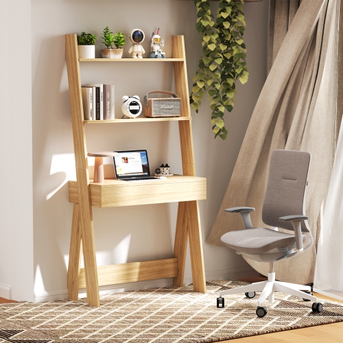 Modern Ladder Shelf Desk Bookcase with Countertop and Storage Drawer