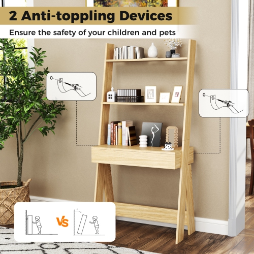 Modern Ladder Shelf Desk Bookcase with Countertop and Storage Drawer