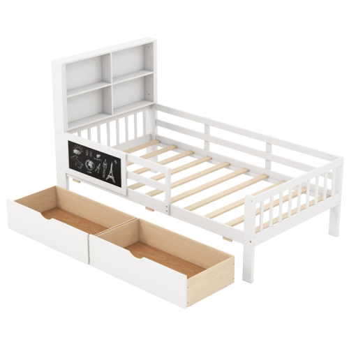 Bed Frame with Bookcase and 2 Storage Drawers for Boys and Girls