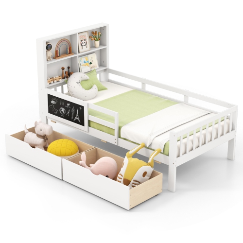 Bed Frame with Bookcase and 2 Storage Drawers for Boys and Girls