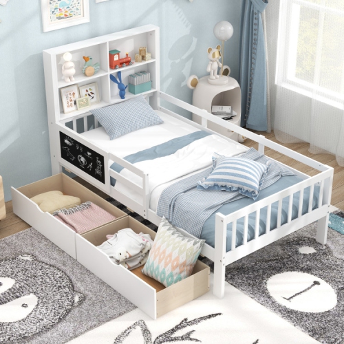 Bed Frame with Bookcase and 2 Storage Drawers for Boys and Girls