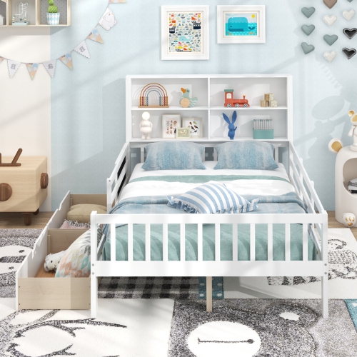 Cadre de lit avec bibliothèque et 2 tiroirs de rangement pour garçons et filles