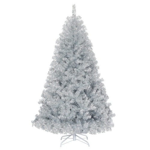 Hinged Artificial Christmas Tree with Tinsel Branches and Metal Base