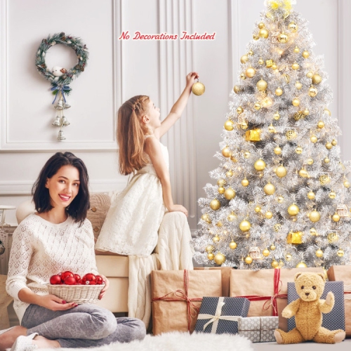 Hinged Artificial Christmas Tree with Tinsel Branches and Metal Base