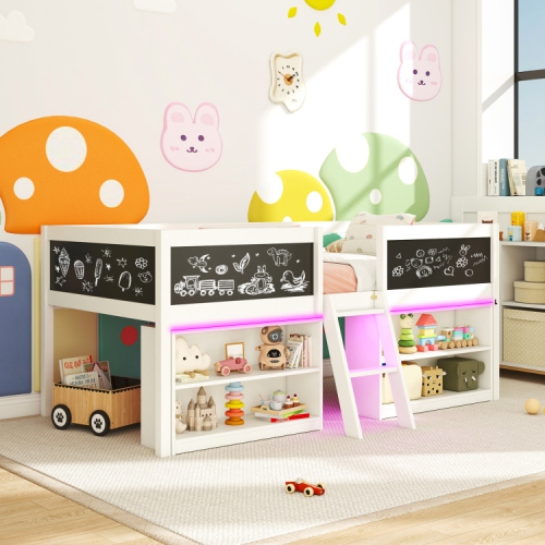 Lit mezzanine bas en bois avec lumières LED et bibliothèque ouverte