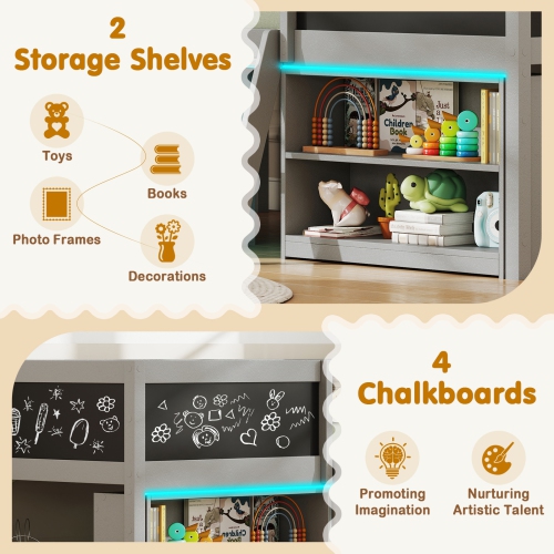 Wooden Low Loft Bed with LED Lights and Open Bookcase Storage