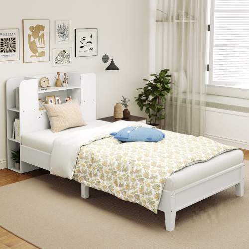 Platform Bed with Built-In Bookcase Headboard and Wooden Frame