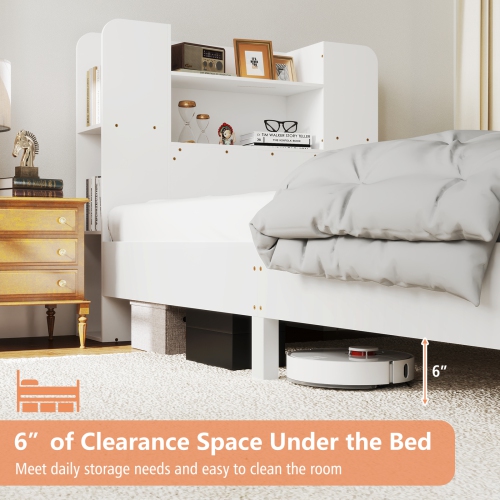 Platform Bed with Built-In Bookcase Headboard and Wooden Frame