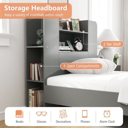 Platform Bed with Built-In Bookcase Headboard and Wooden Frame