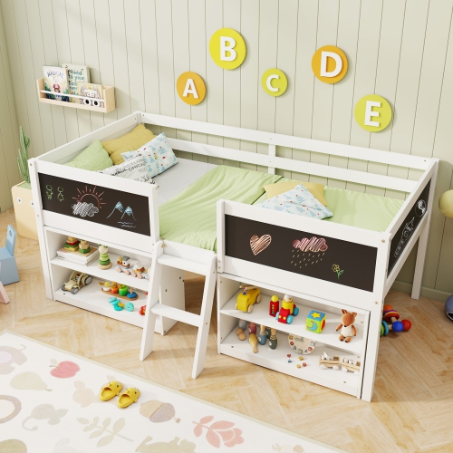 Kids’ Low Loft Bed with Chalkboard Ramp Ladder and Bookcase Storage