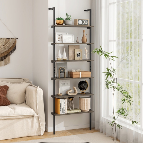 Industrial 6-Tier Ladder Shelf – Tall 72 Inch Wall Mounted Bookshelf