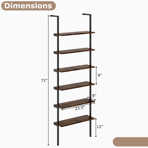 Industrial 6-Tier Ladder Shelf – Tall 72 Inch Wall Mounted Bookshelf