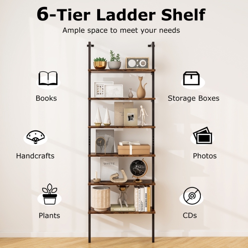 Industrial 6-Tier Ladder Shelf – Tall 72 Inch Wall Mounted Bookshelf
