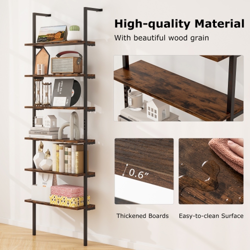 Industrial 6-Tier Ladder Shelf – Tall 72 Inch Wall Mounted Bookshelf