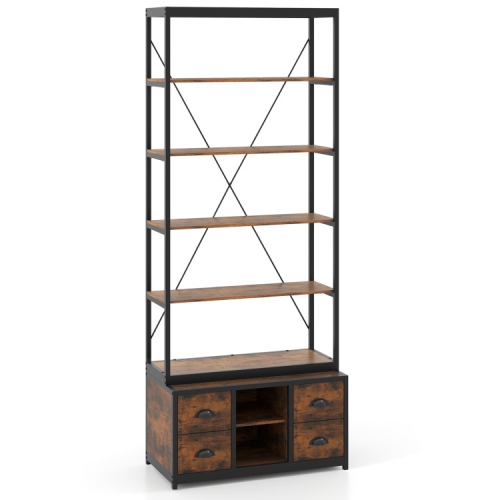 8-Tier Storage Bookshelf – Bookcase with 4 Fabric Drawers and Sturdy Metal Frame