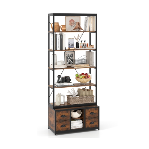 8-Tier Storage Bookshelf – Bookcase with 4 Fabric Drawers and Sturdy Metal Frame