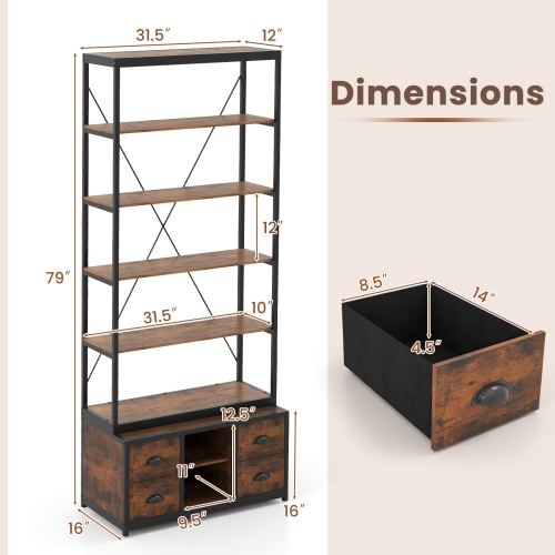 8-Tier Storage Bookshelf – Bookcase with 4 Fabric Drawers and Sturdy Metal Frame