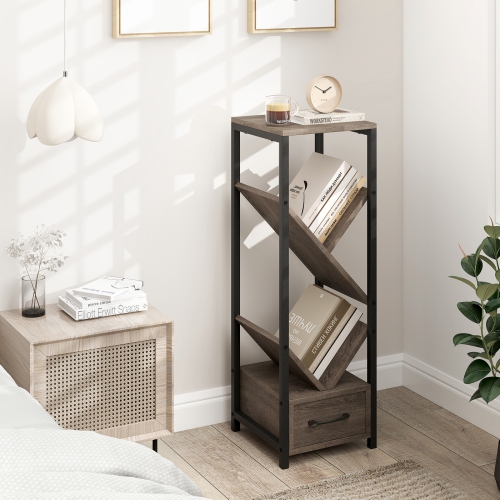 4-Tier Floor Standing Bookshelf – Tree Style Bookcase with Drawer and Metal Frame