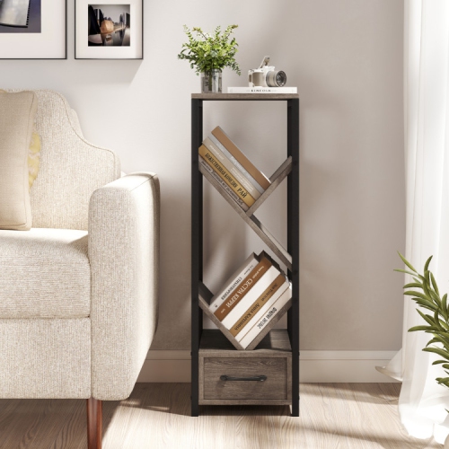 4-Tier Floor Standing Bookshelf – Tree Style Bookcase with Drawer and Metal Frame