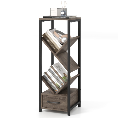4-Tier Floor Standing Bookshelf – Tree Style Bookcase with Drawer and Metal Frame