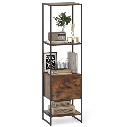 Compact 5-Tier Bookshelf – Narrow Bookcase with Drawer and 4-Tier Open Storage