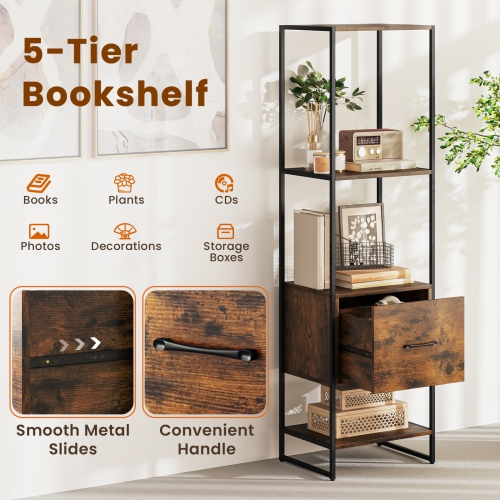 Compact 5-Tier Bookshelf – Narrow Bookcase with Drawer and 4-Tier Open Storage