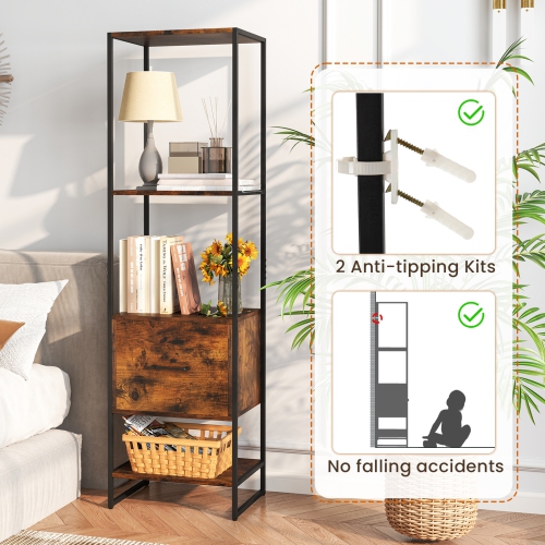Compact 5-Tier Bookshelf – Narrow Bookcase with Drawer and 4-Tier Open Storage