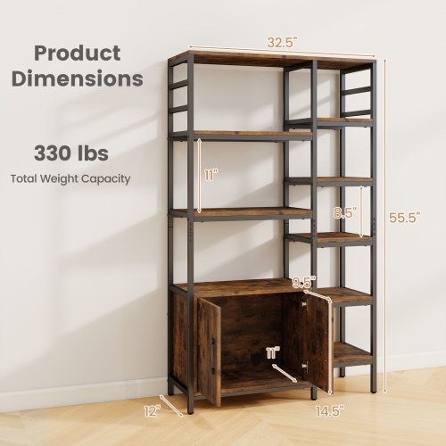 Étagère de rangement à 8 niveaux double large – Grande bibliothèque avec armoire à 2 portes pour le bureau à domicile