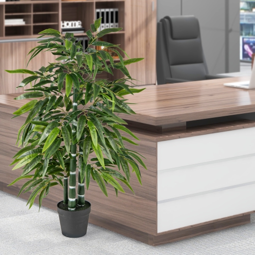 Gymax 50'' Tall Artificial Potted Tree w/3 PE Bamboo Trunk Flush Leaves Realistic Soil