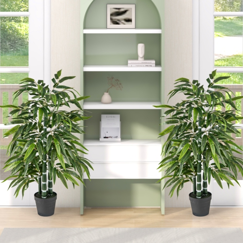 Gymax 50'' Tall Artificial Potted Tree w/3 PE Bamboo Trunk Flush Leaves Realistic Soil
