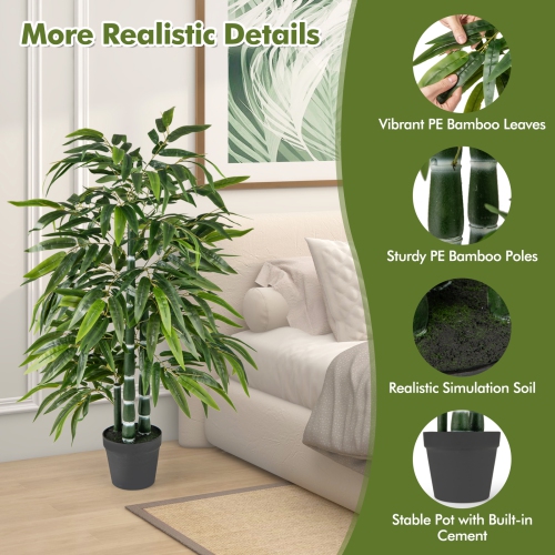 Gymax 50'' Tall Artificial Potted Tree w/3 PE Bamboo Trunk Flush Leaves Realistic Soil