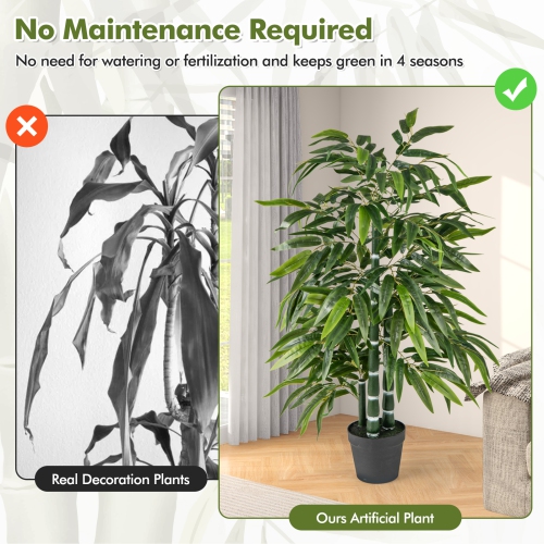 Gymax 50'' Tall Artificial Potted Tree w/3 PE Bamboo Trunk Flush Leaves Realistic Soil