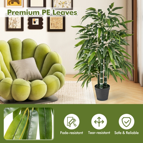 Gymax 50'' Tall Artificial Potted Tree w/3 PE Bamboo Trunk Flush Leaves Realistic Soil