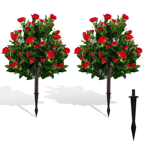 Gymax 2 Pack 31'' Artificial Camellia Tree Set w/Ground Spikes Floral Blooming Bushes