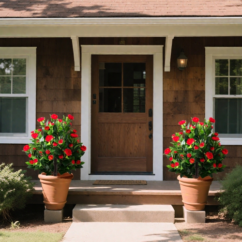 Gymax 2 Pack 31'' Artificial Camellia Tree Set w/Ground Spikes Floral Blooming Bushes