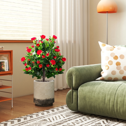 Gymax 2 Pack 31'' Artificial Camellia Tree Set w/Ground Spikes Floral Blooming Bushes